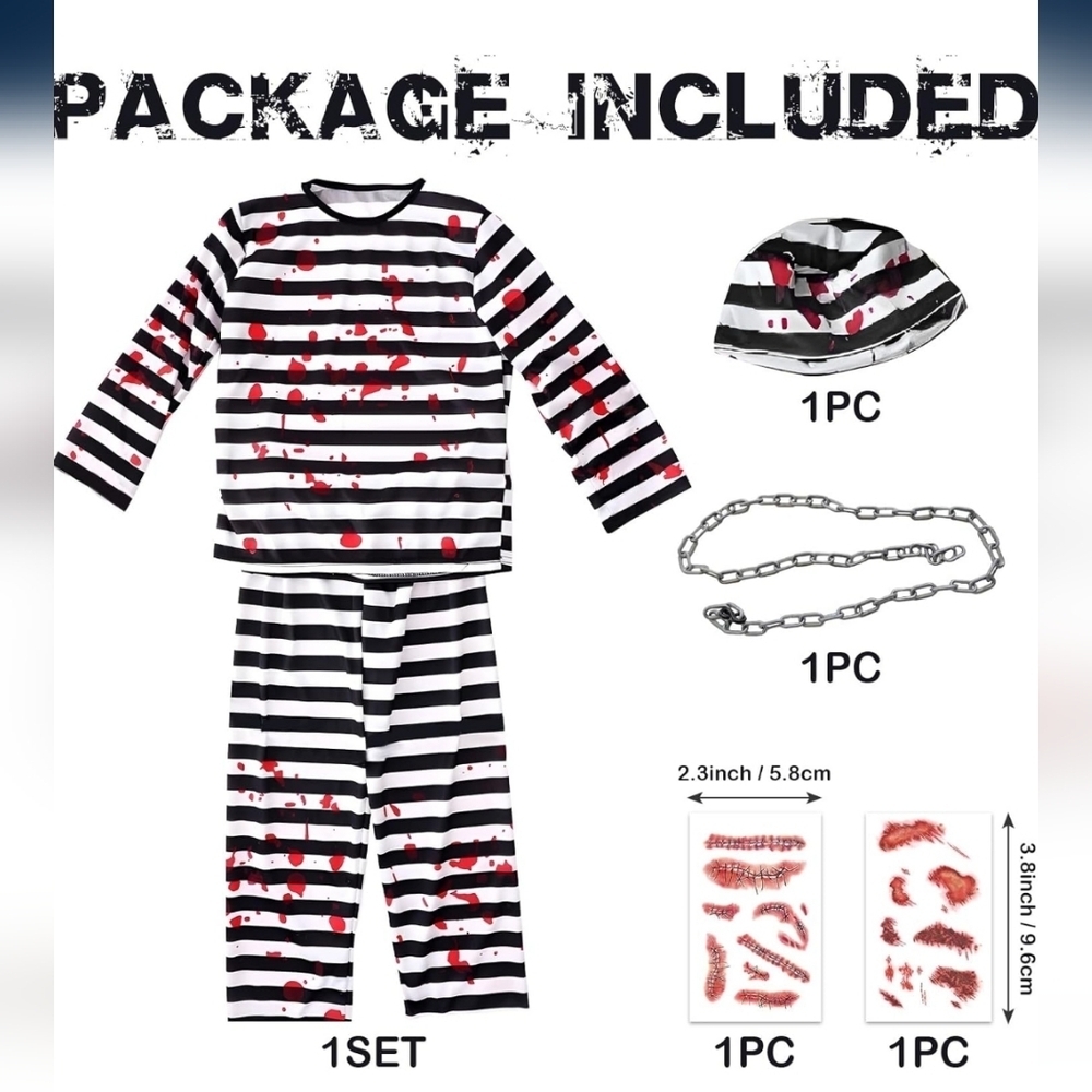 Striped Prisoner Costume with Hat and Chain - Picture 2 of 5